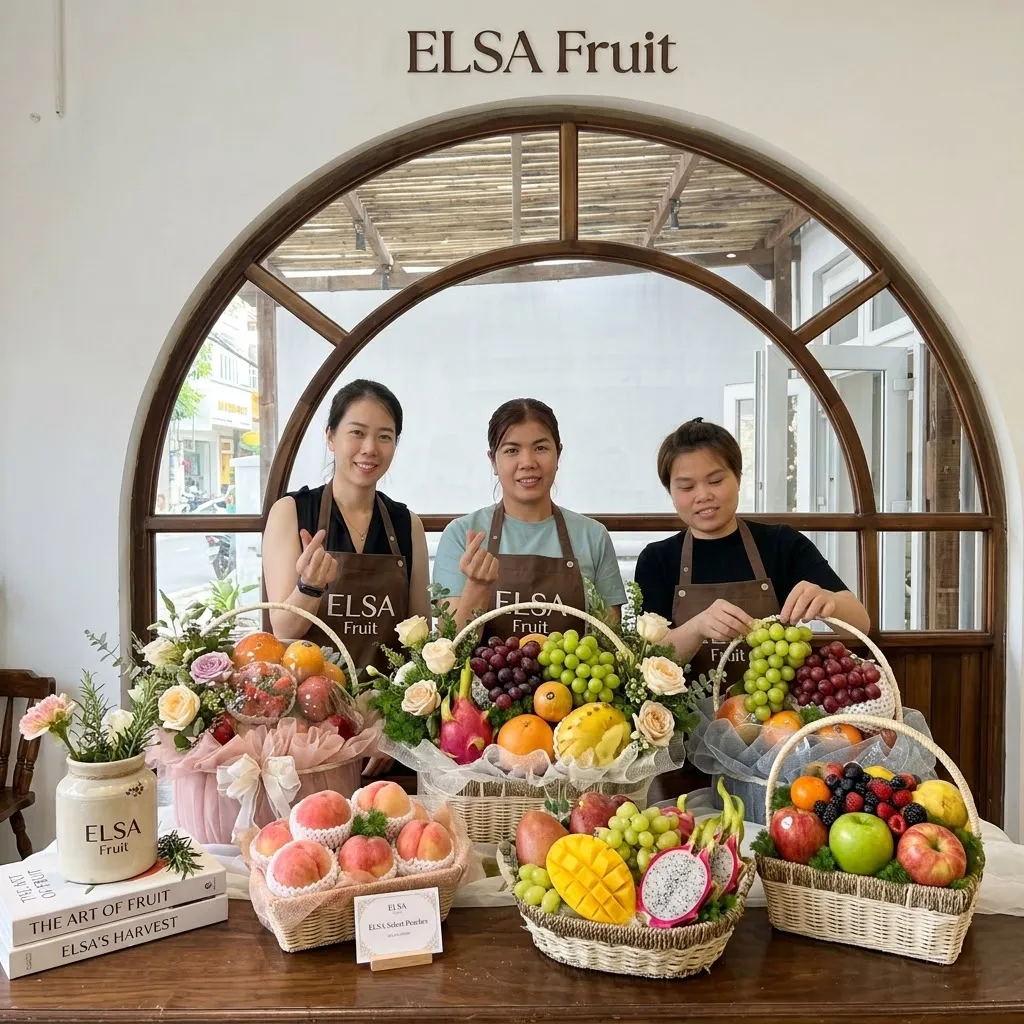 Ba nhân viên ELSA Fruit đứng sau bàn bày nhiều giỏ trái cây xoài, nho, táo — ELSA Fruit huyện Phú Quý, Bình Thuận