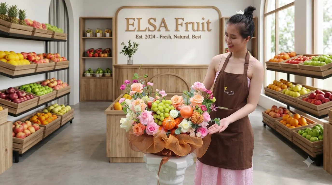 Nhân viên tạp dề nâu bên giỏ hoa quả cắm hoa hồng pastel trong ELSA Fruit — ELSA Fruit huyện Phú Vang, Huế