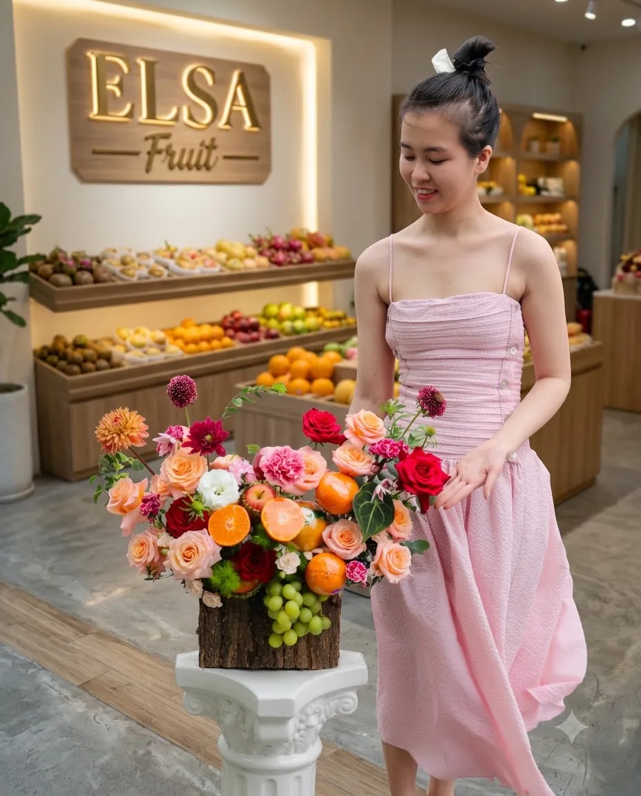 Nhân viên váy hồng bên giỏ hoa quả cam, nho xanh và hoa hồng cam tại ELSA Fruit — ELSA Fruit Đức Hòa, Long An
