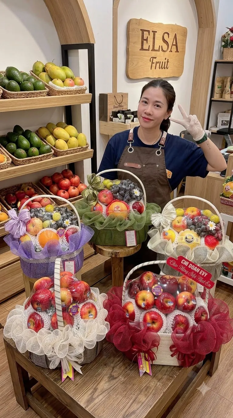 Nhân viên bên các giỏ hoa quả táo, nho bọc lưới tím, đỏ trong ELSA Fruit — ELSA Fruit huyện Đạ Huoai, Lâm Đồng