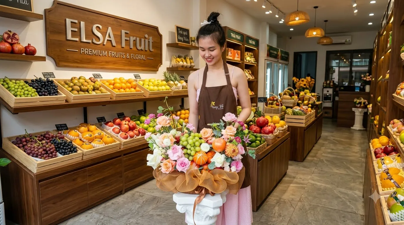 Nhân viên tạp dề nâu cầm giỏ hoa quả cắm hoa giữa các kệ trái cây ELSA Fruit — ELSA Fruit huyện Trảng Bom, Đồng Nai