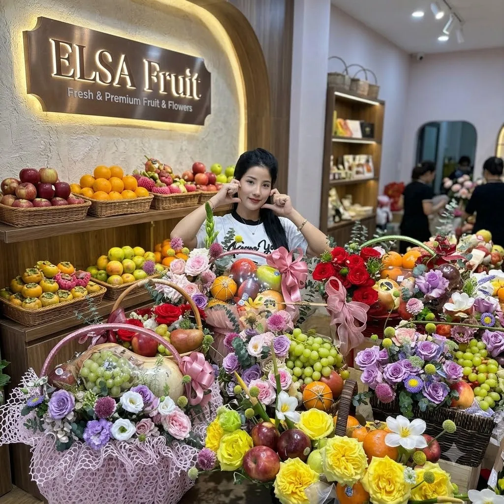 Nhân viên bên nhiều giỏ hoa quả cắm hoa hồng, hoa tím và hoa vàng trong ELSA Fruit — ELSA Fruit Cái Nước, Cà Mau