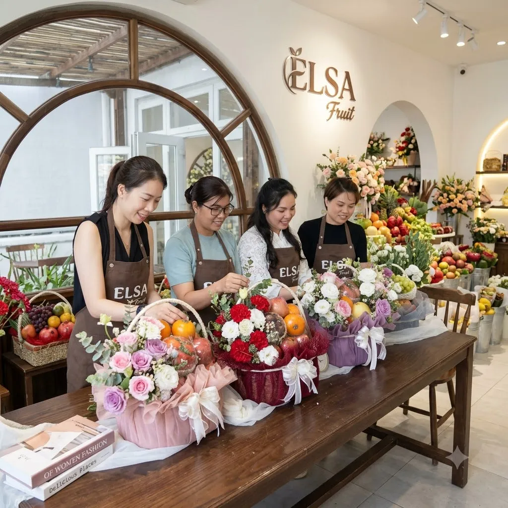 Bốn nhân viên tạp dề nâu cắm giỏ hoa quả và hoa trên bàn dài tại ELSA Fruit — ELSA Fruit huyện Đạ Huoai, Lâm Đồng