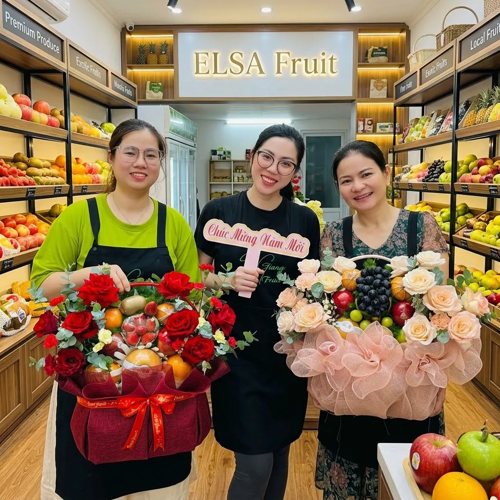 Ba nhân viên cầm giỏ hoa quả hoa hồng đỏ và giỏ hoa hồng phấn trong cửa hàng ELSA Fruit — ELSA Fruit huyện Đô Lương, Nghệ An