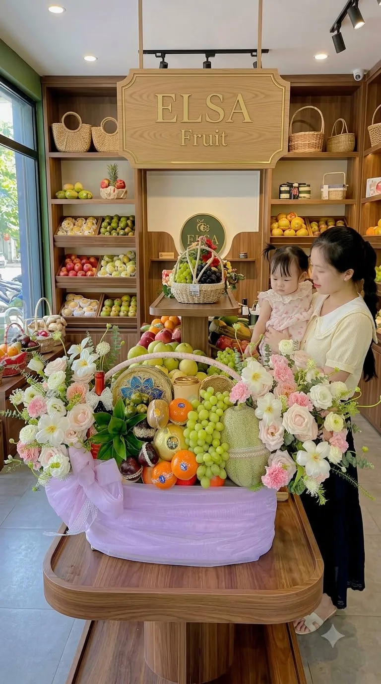 Giỏ hoa quả nho xanh, dưa lưới và hoa trắng bọc lưới tím đặt trên bàn gỗ trong ELSA Fruit — ELSA Fruit Đức Hòa, Long An