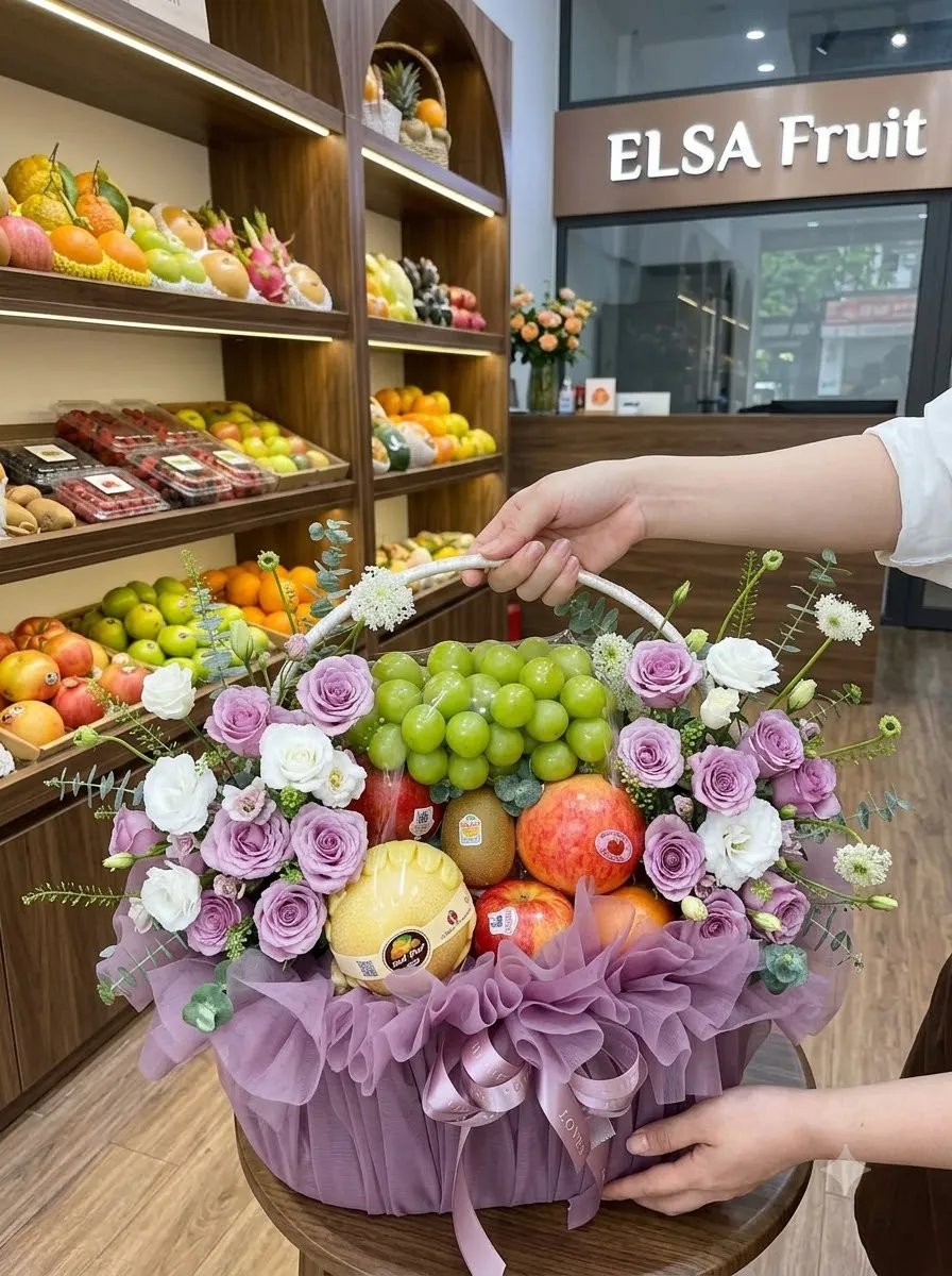 Giỏ hoa quả nho xanh, lựu và hoa hồng tím bọc lưới tím trong cửa hàng ELSA Fruit — ELSA Fruit huyện Bảo Lâm, Cao Bằng