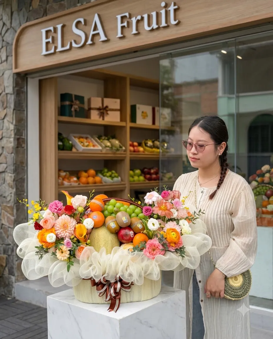 Nhân viên bên giỏ hoa quả cam, dưa lưới và hoa hồng bọc lưới trắng trước ELSA Fruit — ELSA Fruit Hà Lam, Thăng Bình, Quảng Nam
