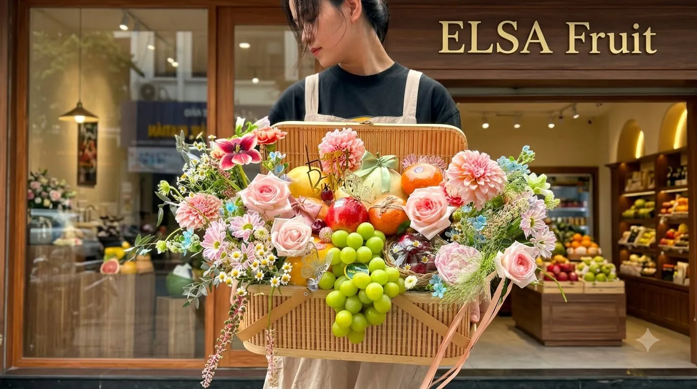 Nhân viên bê giỏ mây nho xanh, táo và hoa hồng pastel trước cửa hàng ELSA Fruit — ELSA Fruit Thuận Nam, Ninh Thuận