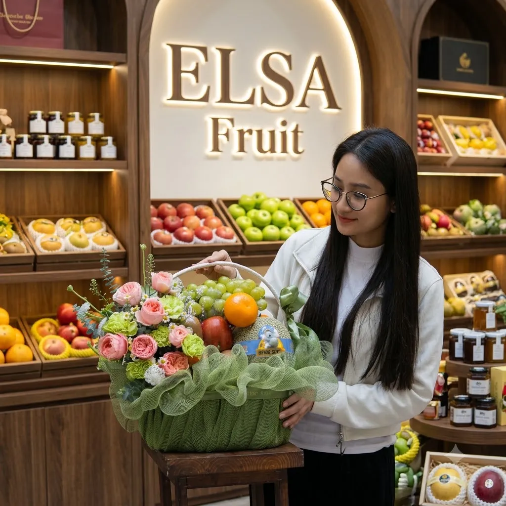 Nhân viên đeo kính cầm giỏ hoa quả nho xanh và hoa hồng bọc lưới xanh tại ELSA Fruit — ELSA Fruit huyện Giồng Riềng, Kiên Giang