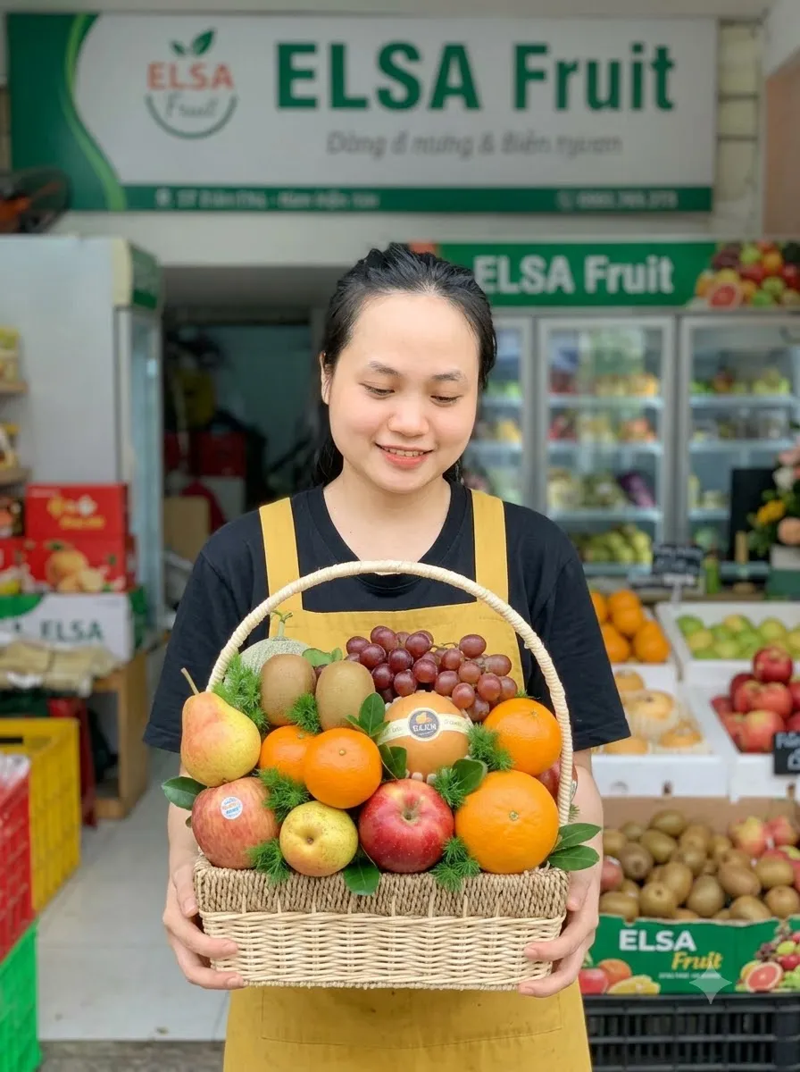 Nhân viên tạp dề vàng cầm giỏ mây táo, cam, lê và nho tím trước cửa ELSA Fruit — ELSA Fruit huyện Quan Hóa, Thanh Hoá