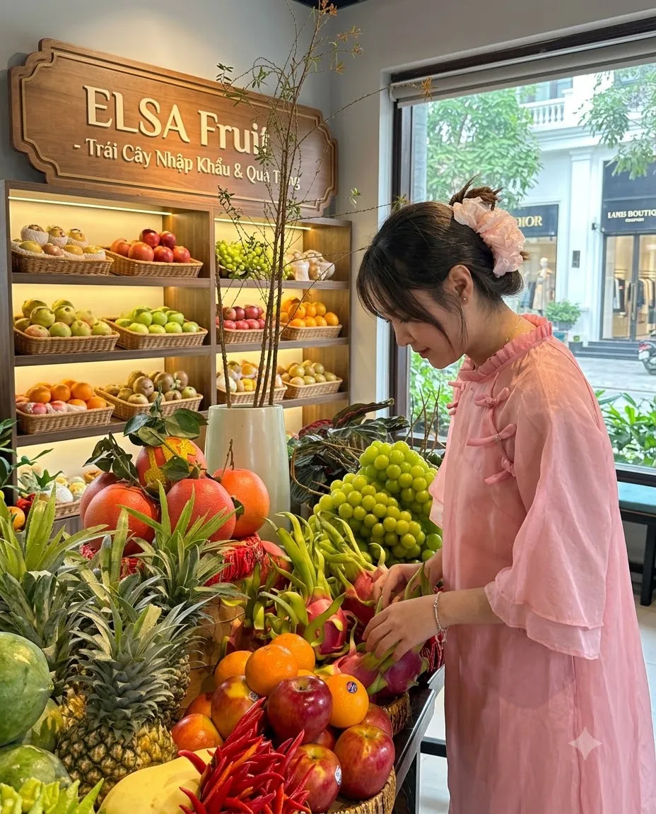 Nhân viên áo dài hồng chỉnh mâm trái cây dứa, cam, nho xanh tại ELSA Fruit — ELSA Fruit huyện Hoằng Hóa, Thanh Hoá