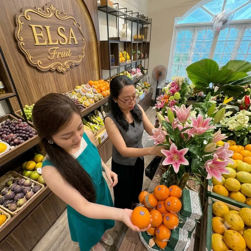 Hai nhân viên sắp xếp cam và hoa ly hồng trên quầy trái cây ELSA Fruit — ELSA Fruit Tân Phước, Tiền Giang