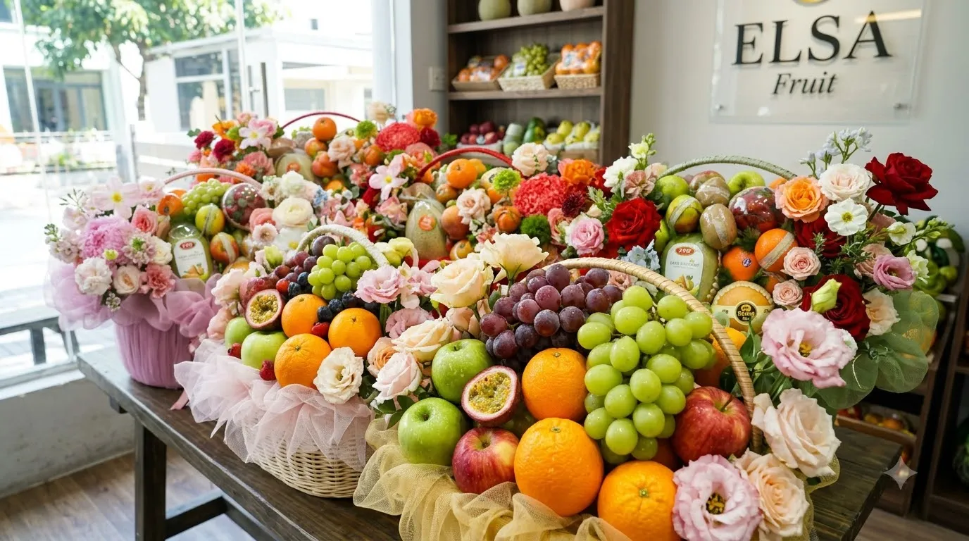 Bàn bày nhiều giỏ hoa quả cam, táo, nho xanh và hoa tươi trong cửa hàng ELSA Fruit — ELSA Fruit huyện Đạ Huoai, Lâm Đồng