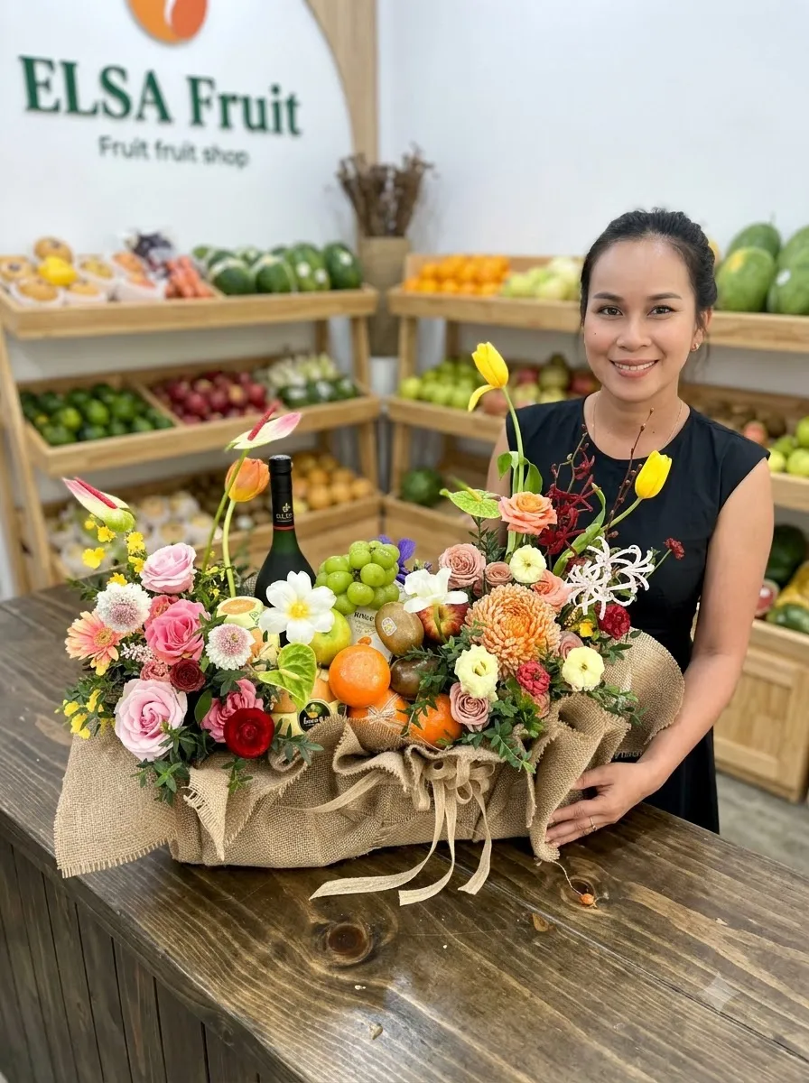 Nhân viên bên giỏ hoa quả cam, xoài cắm hoa hồng và hoa ly bọc vải bố tại ELSA Fruit — ELSA Fruit quận Kiến An, Hải Phòng