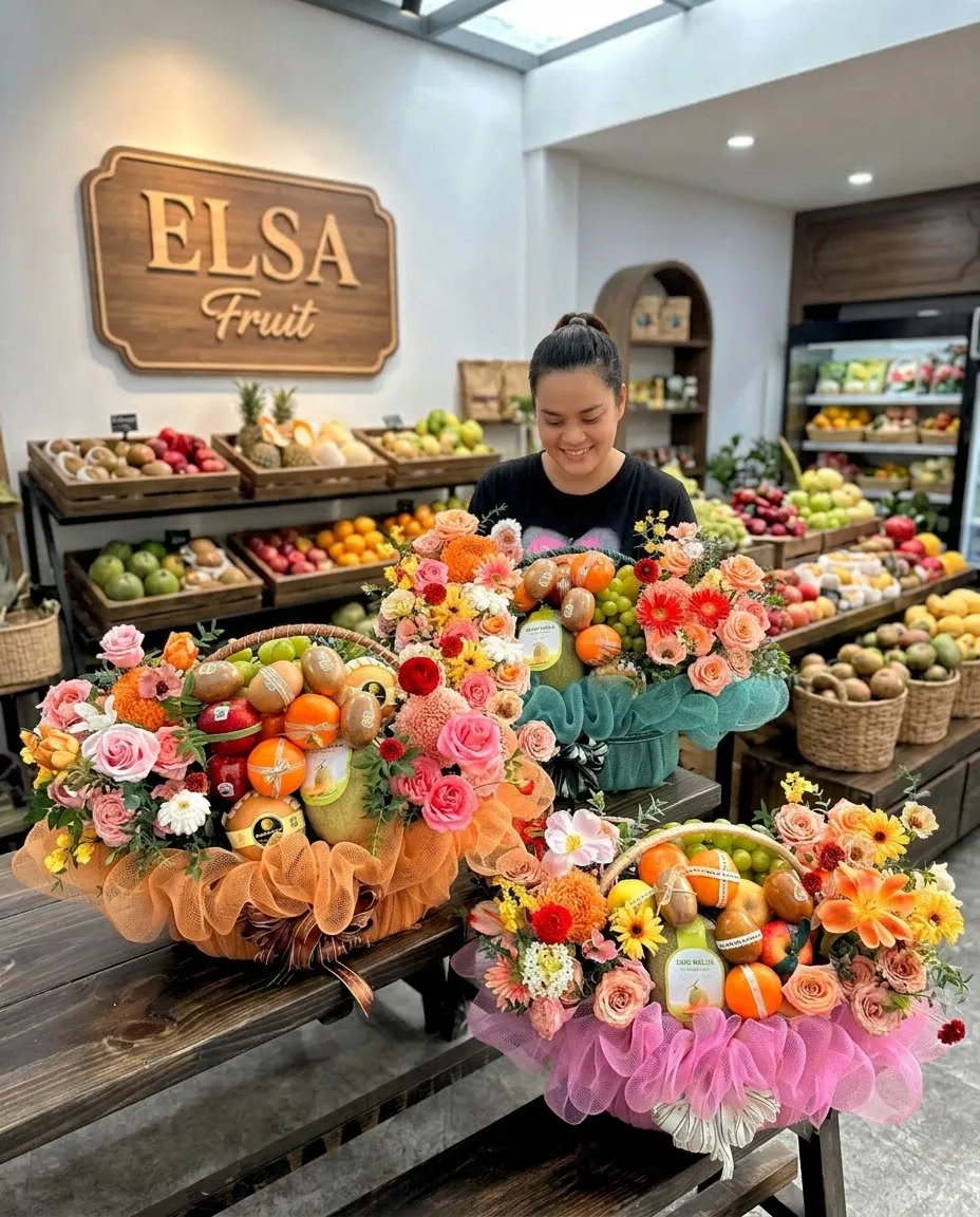 Nhân viên bên nhiều giỏ hoa quả cắm hoa cam, hồng bọc lưới cam tại ELSA Fruit — ELSA Fruit Thạnh Hóa, Long An