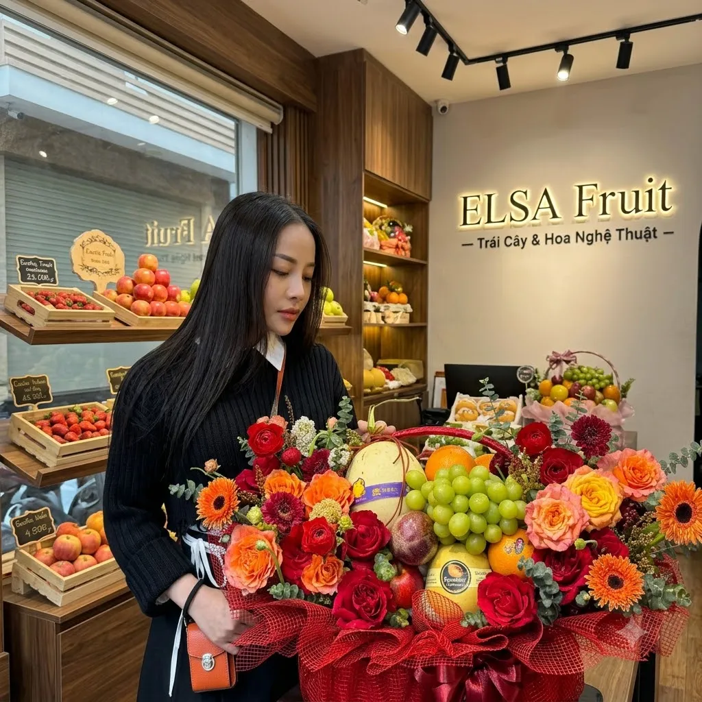 Nhân viên ôm giỏ hoa quả nho xanh, dưa lưới và hoa đỏ cam tại ELSA Fruit — ELSA Fruit huyện Bù Gia Mập, Bình Phước