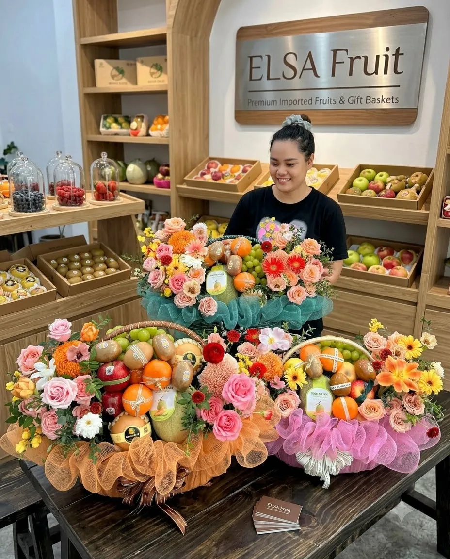 Nhân viên bên các giỏ hoa quả cắm hoa hồng cam, hồng bọc lưới cam trong ELSA Fruit — ELSA Fruit Cao Bằng