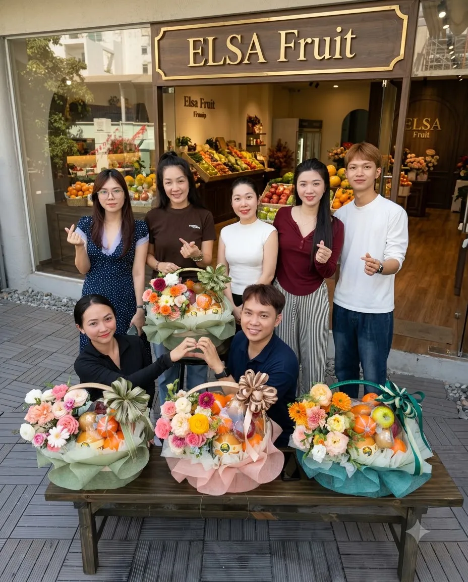 Nhóm nhân viên ELSA Fruit bên ba giỏ hoa quả bọc lưới trước cửa hàng — ELSA Fruit huyện Khoái Châu, Hưng Yên