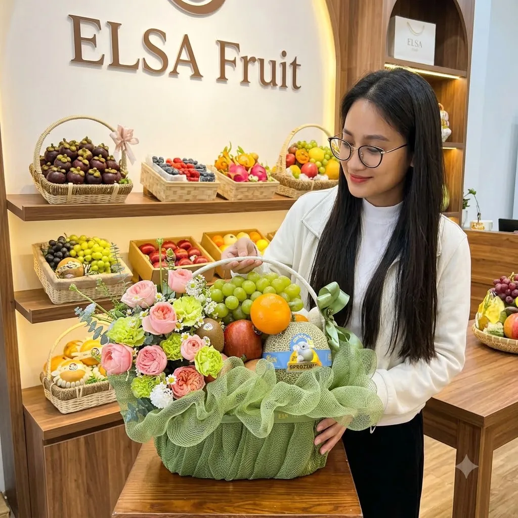 Nhân viên đeo kính cầm giỏ hoa quả nho xanh, cam và hoa hồng bọc lưới xanh tại ELSA Fruit — ELSA Fruit Nam Định