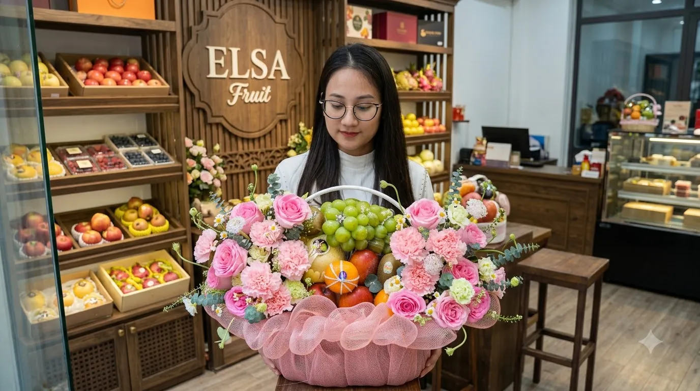 Nhân viên ôm giỏ hoa quả nho xanh và hoa hồng hồng bọc lưới hồng tại ELSA Fruit — ELSA Fruit huyện Tánh Linh, Bình Thuận