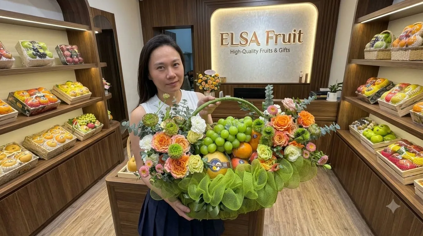 Nhân viên cầm giỏ hoa quả nho xanh và hoa cam hồng bọc lưới xanh tại ELSA Fruit — ELSA Fruit huyện Trấn Yên, Yên Bái