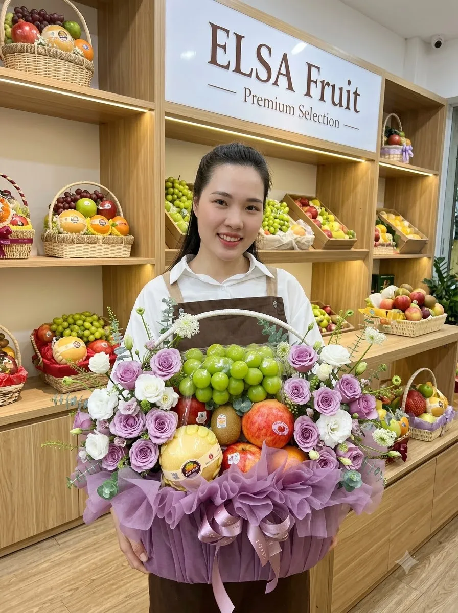 Nhân viên ôm giỏ hoa quả nho xanh, táo, cam và hoa hồng tím bọc lưới tím tại ELSA Fruit — ELSA Fruit huyện Tam Dương, Vĩnh Phúc