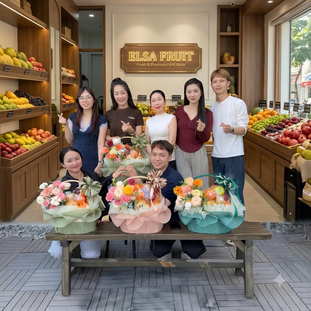 Nhóm nhân viên ELSA Fruit ngồi sau ba giỏ hoa quả bọc lưới hồng và xanh — ELSA Fruit huyện Bảo Lâm, Cao Bằng