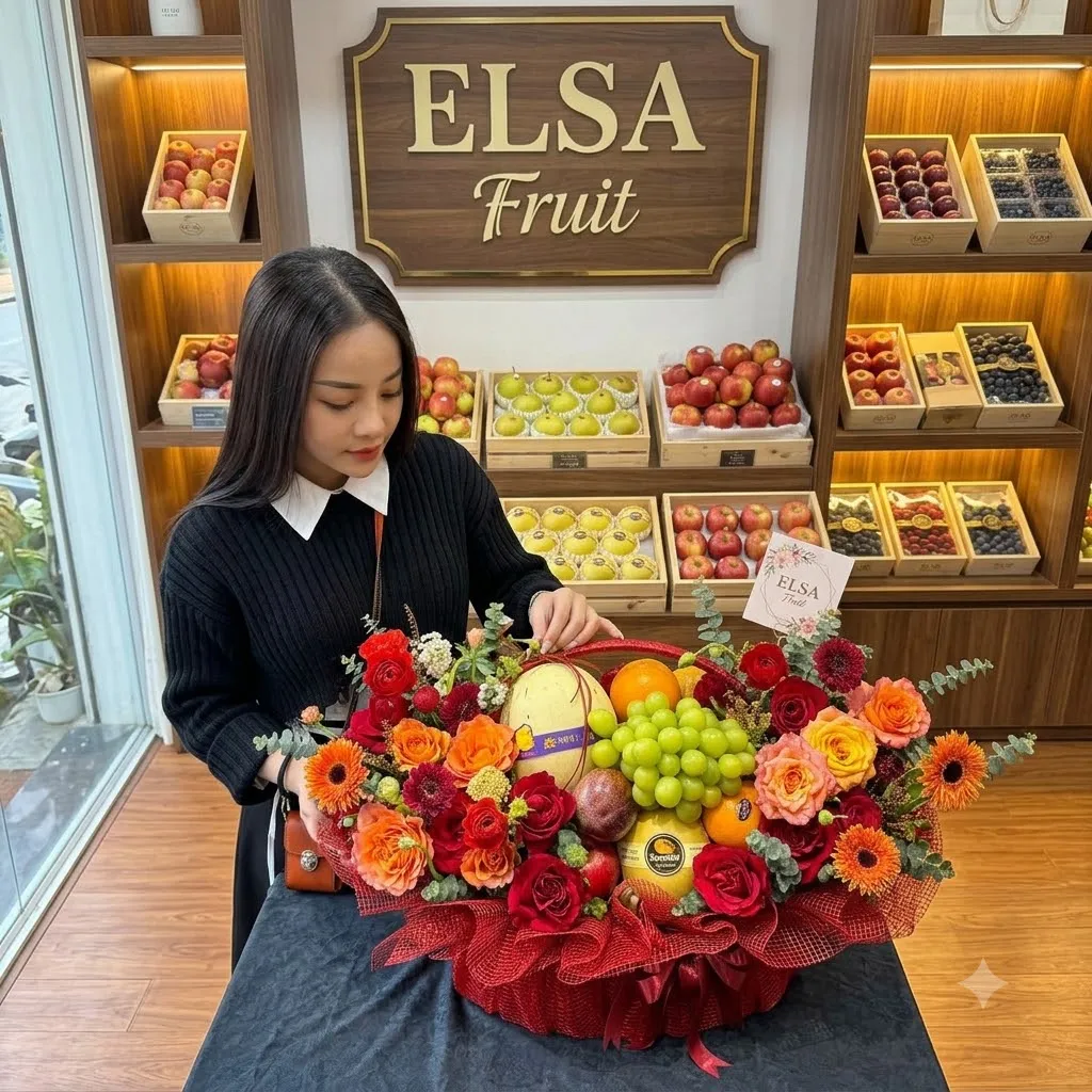 Nhân viên chỉnh giỏ hoa quả nho xanh, dưa lưới và hoa hồng đỏ cam tại ELSA Fruit — ELSA Fruit huyện Khoái Châu, Hưng Yên