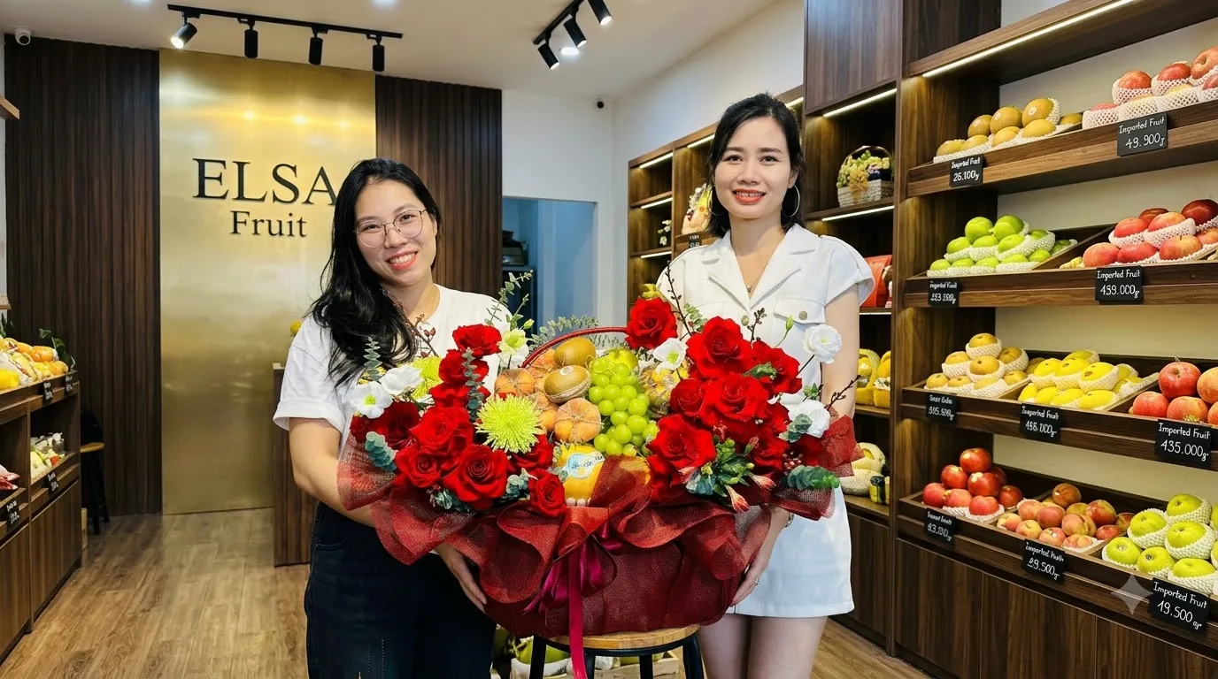 Hai nhân viên cầm giỏ hoa quả hoa hồng đỏ, cam bọc lưới đỏ trong ELSA Fruit — ELSA Fruit Đức Hòa, Long An