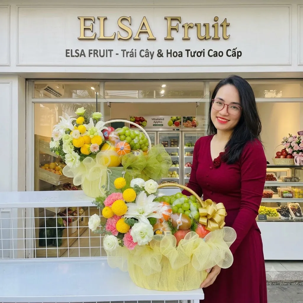 Nhân viên váy đỏ bên hai giỏ hoa quả cắm hoa vàng bọc lưới vàng tại ELSA Fruit — ELSA Fruit An Lão, Bình Định