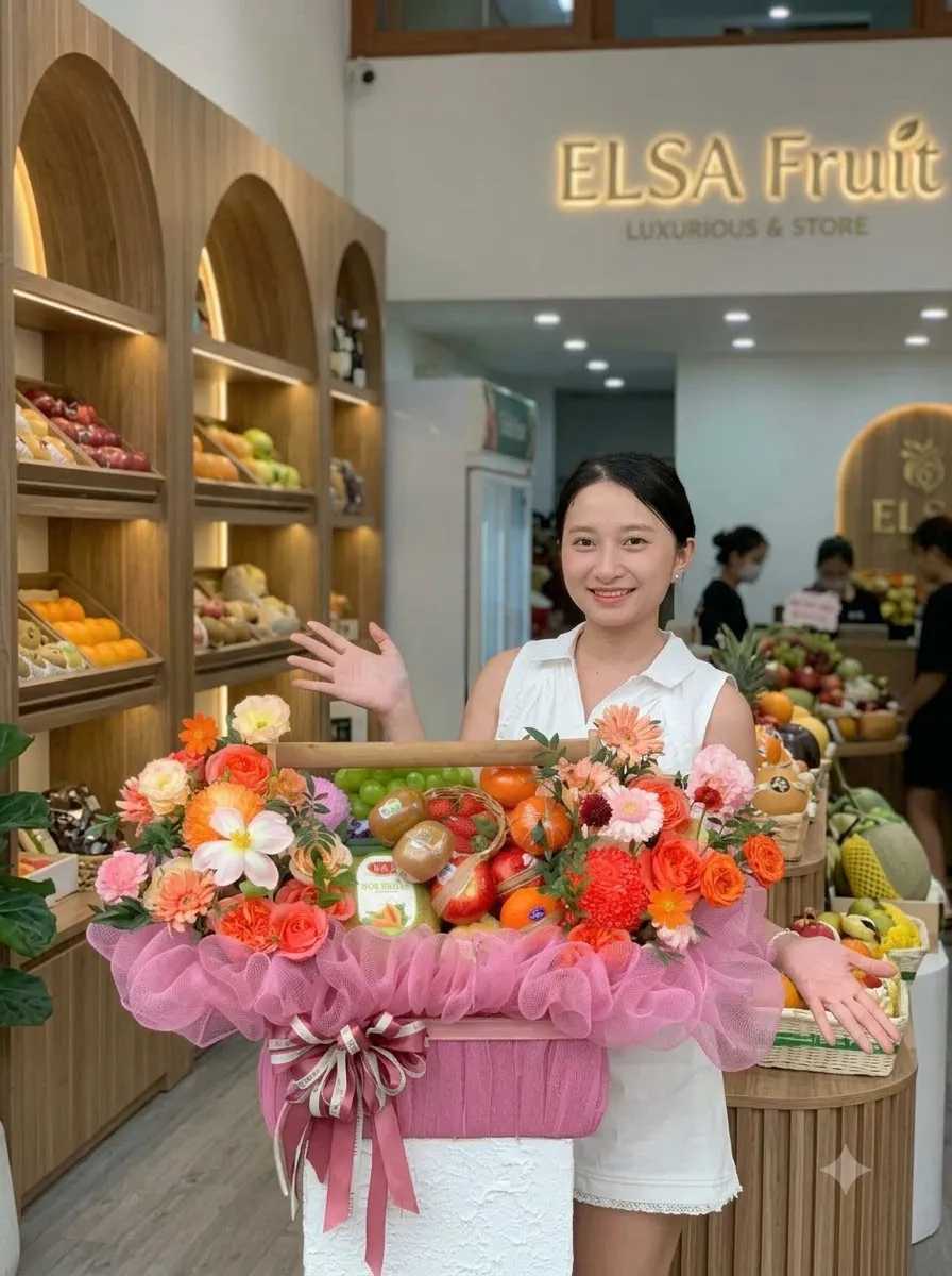 Nhân viên bên giỏ hoa quả cam, táo và hoa cam bọc lưới hồng tại ELSA Fruit — ELSA Fruit huyện Đạ Huoai, Lâm Đồng