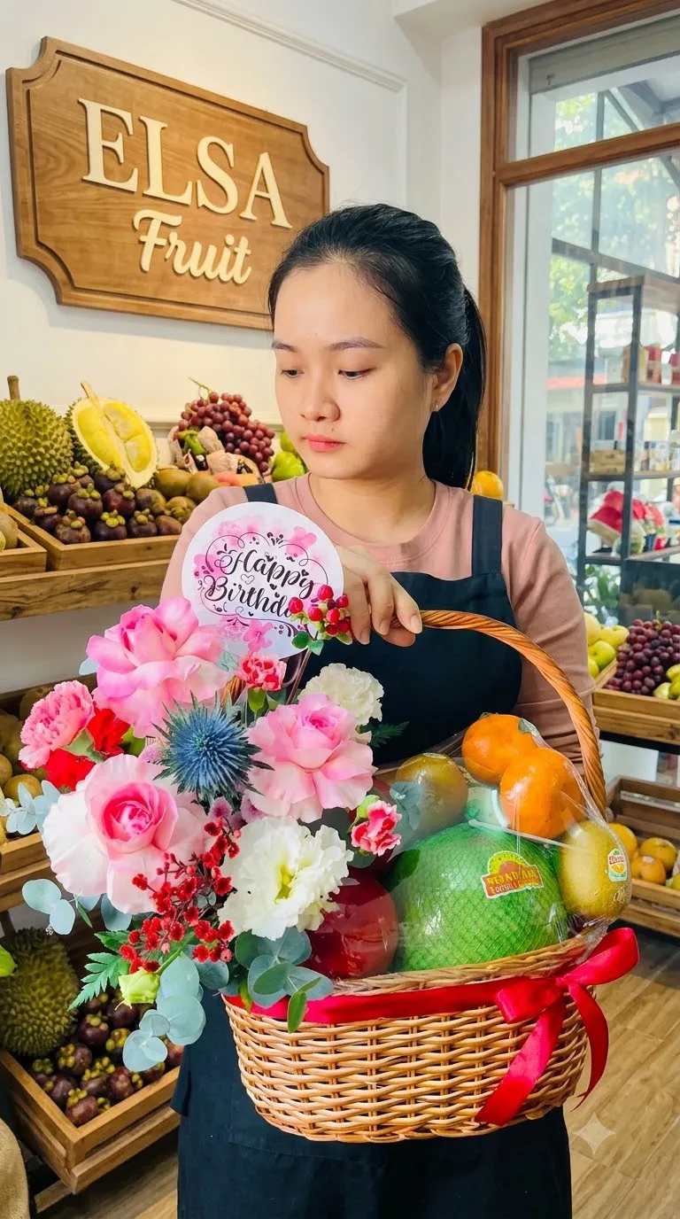 Nhân viên cầm giỏ mây hoa hồng, cam, bưởi kèm thiệp Happy Birthday tại ELSA Fruit — ELSA Fruit Kim Thành, Hải Dương