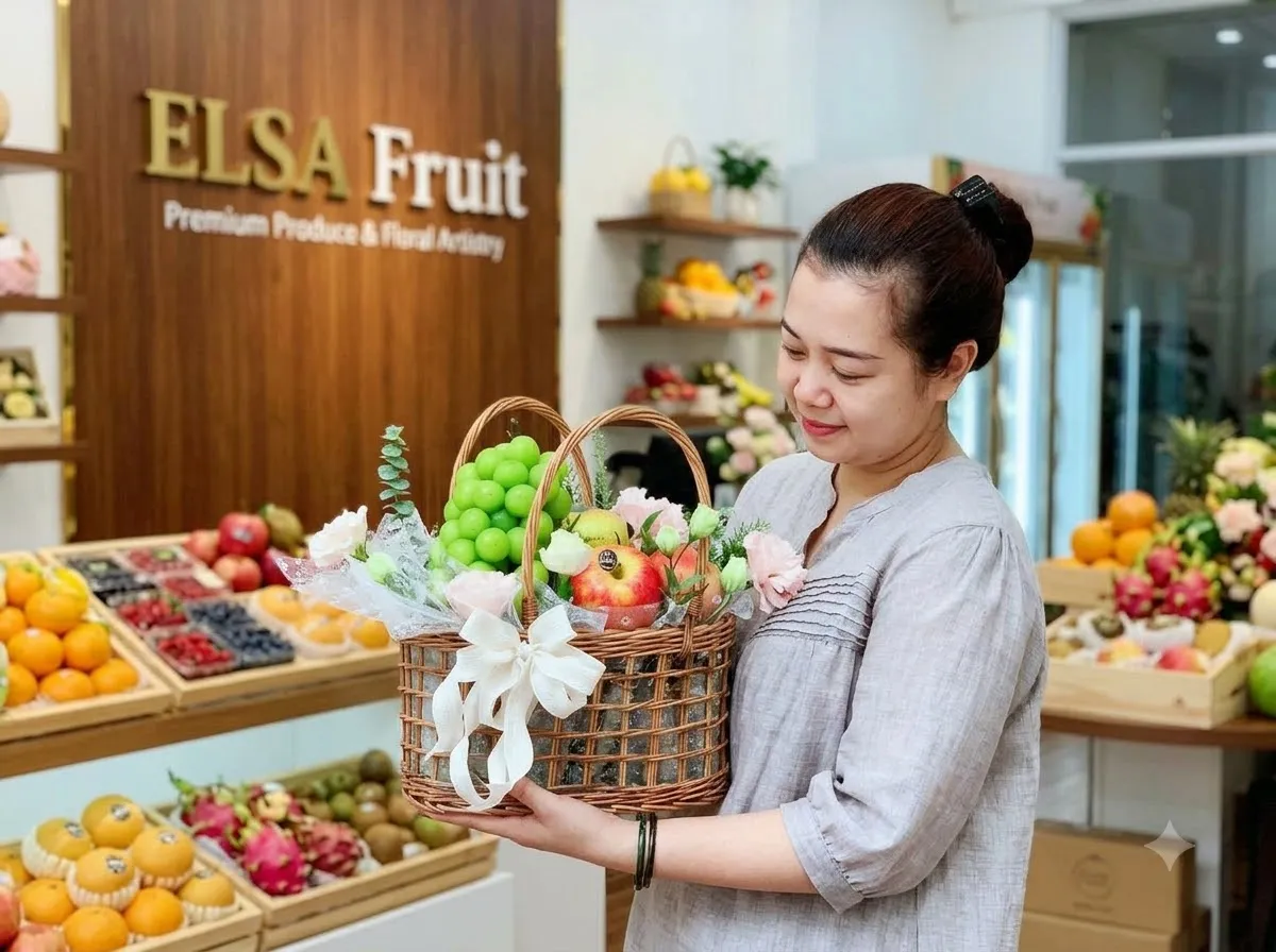 Nhân viên ôm giỏ mây nho xanh, táo, lựu và hoa trắng trong cửa hàng ELSA Fruit — ELSA Fruit huyện Phú Riềng, Bình Phước