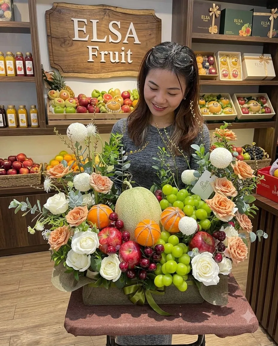 Nhân viên cầm giỏ hoa quả dưa lưới, nho xanh, lựu và hoa hồng trắng cam tại ELSA Fruit — ELSA Fruit Cẩm Giàng, Hải Dương