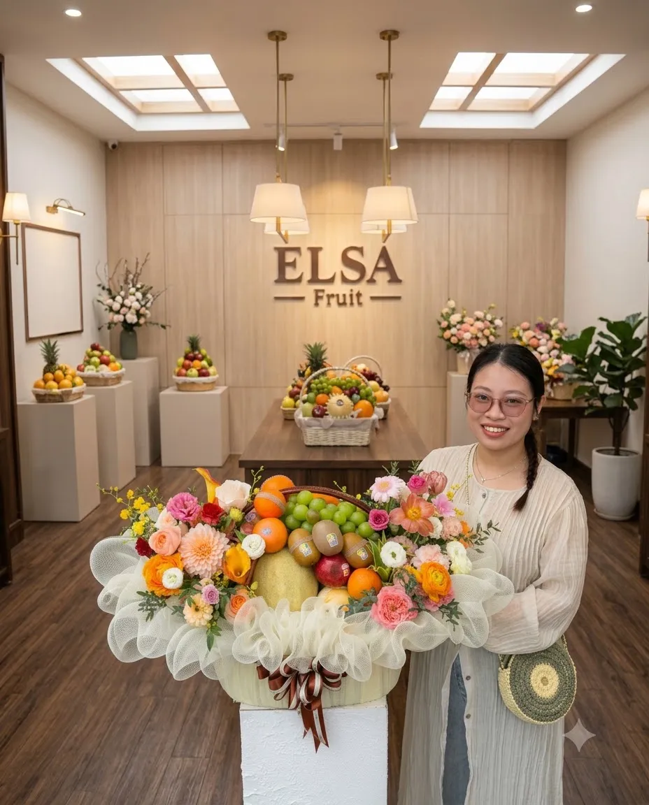 Nhân viên bên giỏ hoa quả cam, dưa lưới và hoa hồng bọc lưới trắng tại ELSA Fruit — ELSA Fruit Cái Nước, Cà Mau