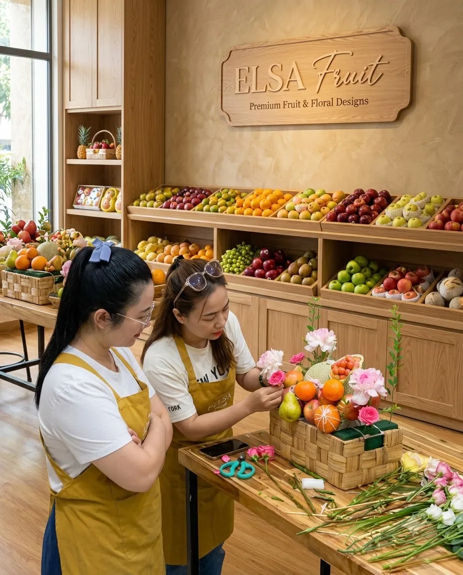 Hai nhân viên tạp dề vàng cắm giỏ trái cây và hoa hồng tại ELSA Fruit — ELSA Fruit huyện Châu Thành, Kiên Giang