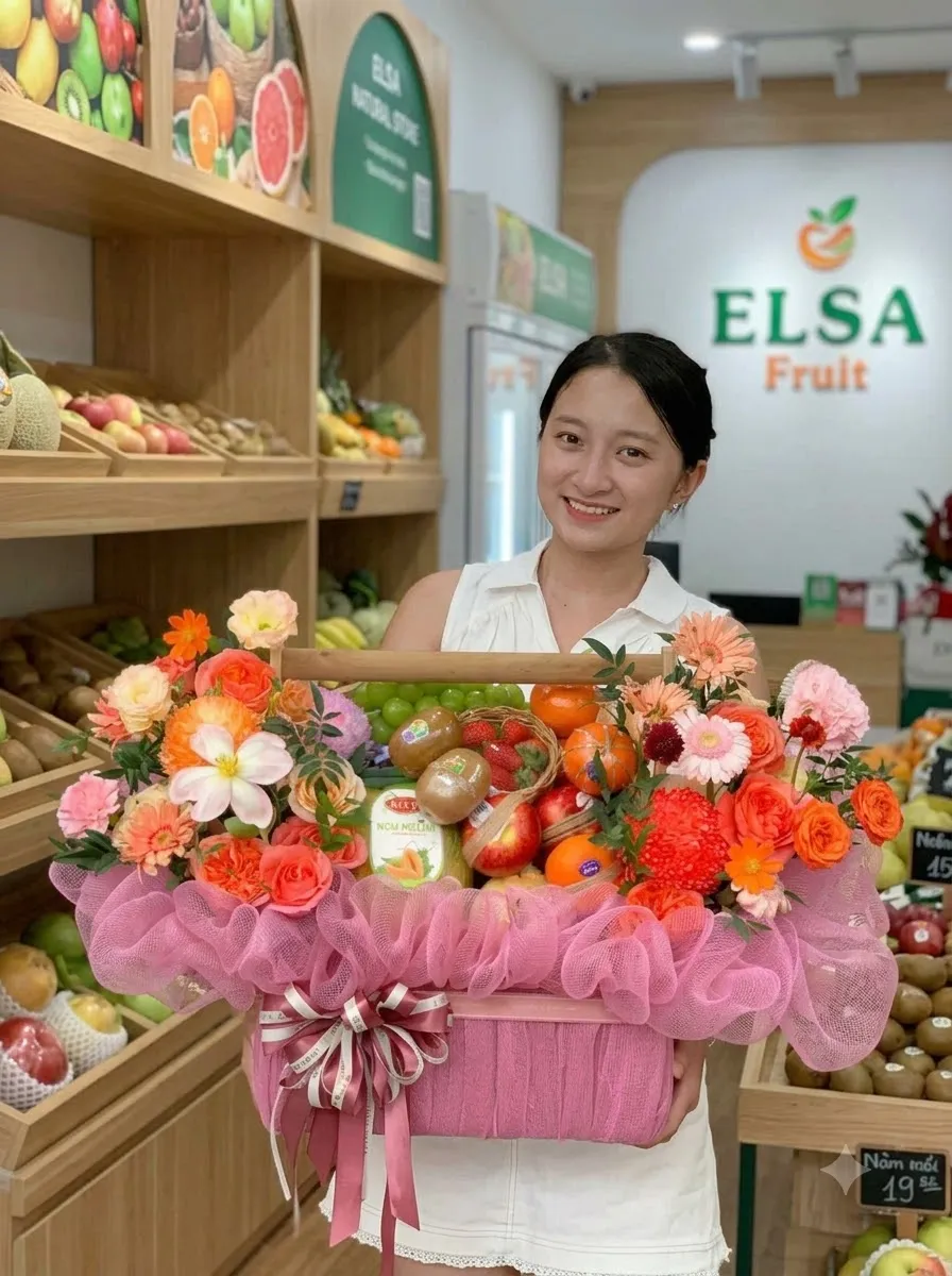 Nhân viên cầm giỏ hoa quả táo, nho xanh và hoa cam bọc lưới hồng tại ELSA Fruit — ELSA Fruit huyện Dương Minh Châu, Tây Ninh