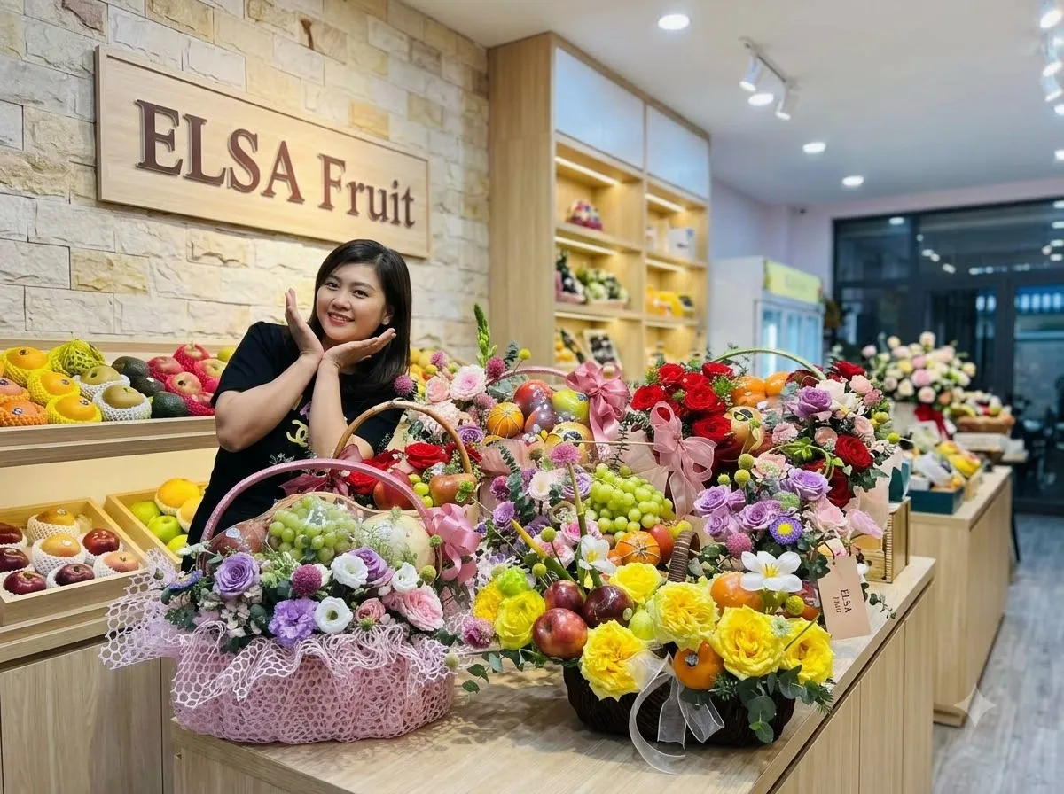 Nhân viên ngồi bên các giỏ hoa quả cắm hoa tím, vàng, đỏ trên quầy ELSA Fruit — ELSA Fruit huyện Giồng Riềng, Kiên Giang