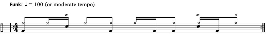 Drum sheet music for funk rhythm at moderate tempo 100 BPM in 4/4 time signature.