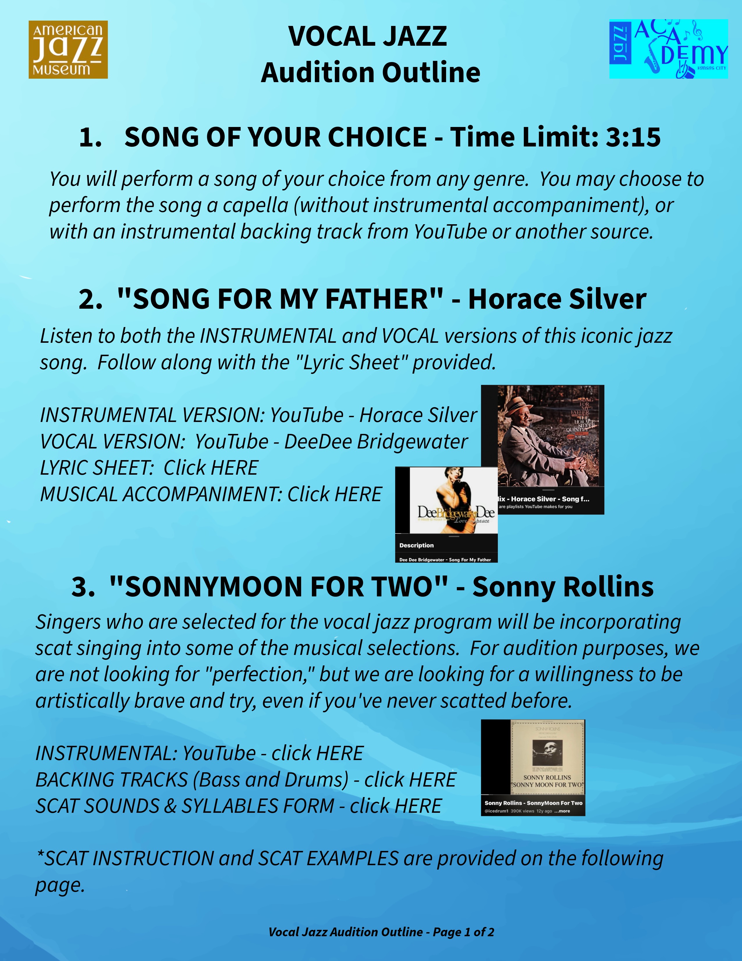 page 1 of the vocal jazz class audition instructions