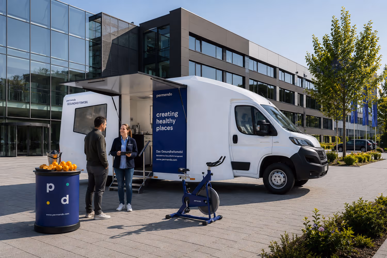 Gesundheitsmobil vor modernem Bürogebäude mit Beratungsgesprächen, Gesundheits-Check-ups und aktiven Mitarbeitenden zur Förderung von Gesundheit und betrieblichem Gesundheitsmanagement.