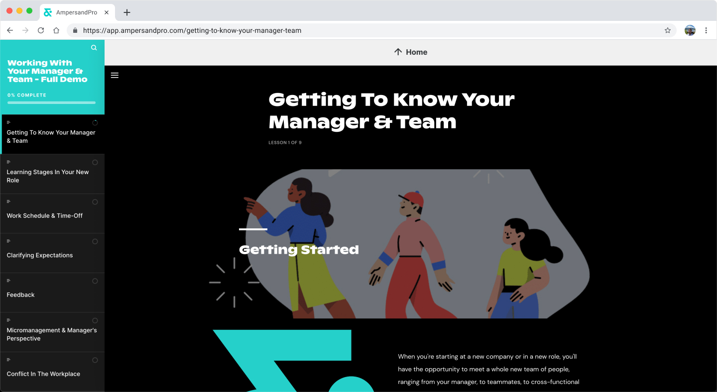 A screenshot of the beginning of the Getting to Know Your Manager & Team course