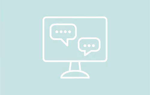 Iconography of a computer monitor with two chat bubbles on a mint green background.