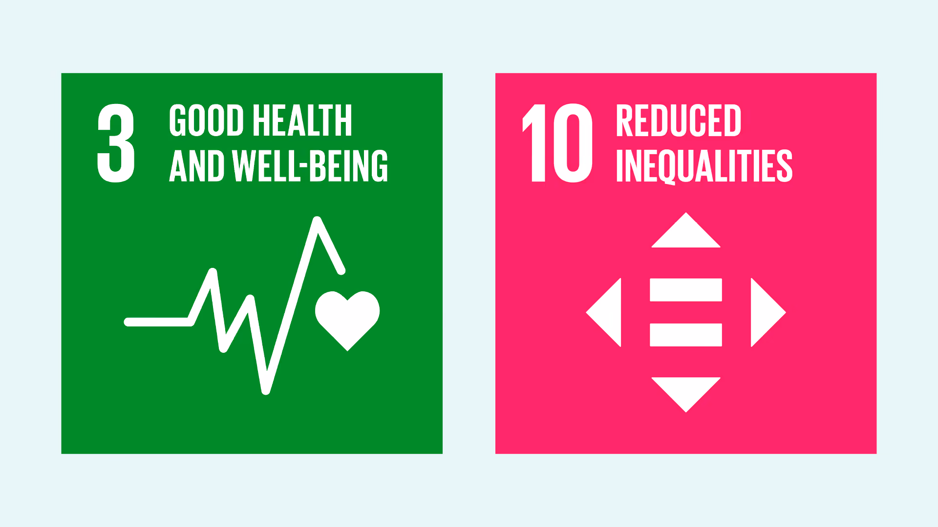 Two colorful squares representing global goals: number 3 Good Health and Well-Being, and number 10 Reduced Inequalities.