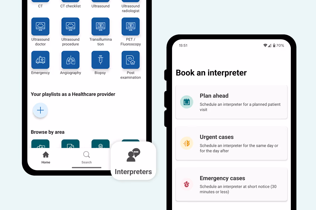 Two smartphone screens displaying the Care to Translate app with the Book interpreter tab.