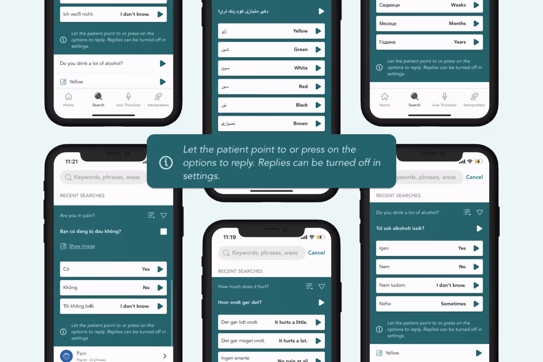 Six smartphone screens displaying the Care to Translate medical translation app interface with patient reply options in different languages.