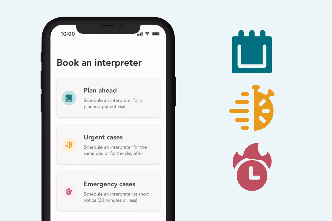 Mobile phone screen showing the 'Book an interpreter' interface in Care to Translate with three options: Plan ahead to schedule for planned visits, Urgent cases to schedule for the same or next day, and Emergency cases to schedule within 30 minutes.