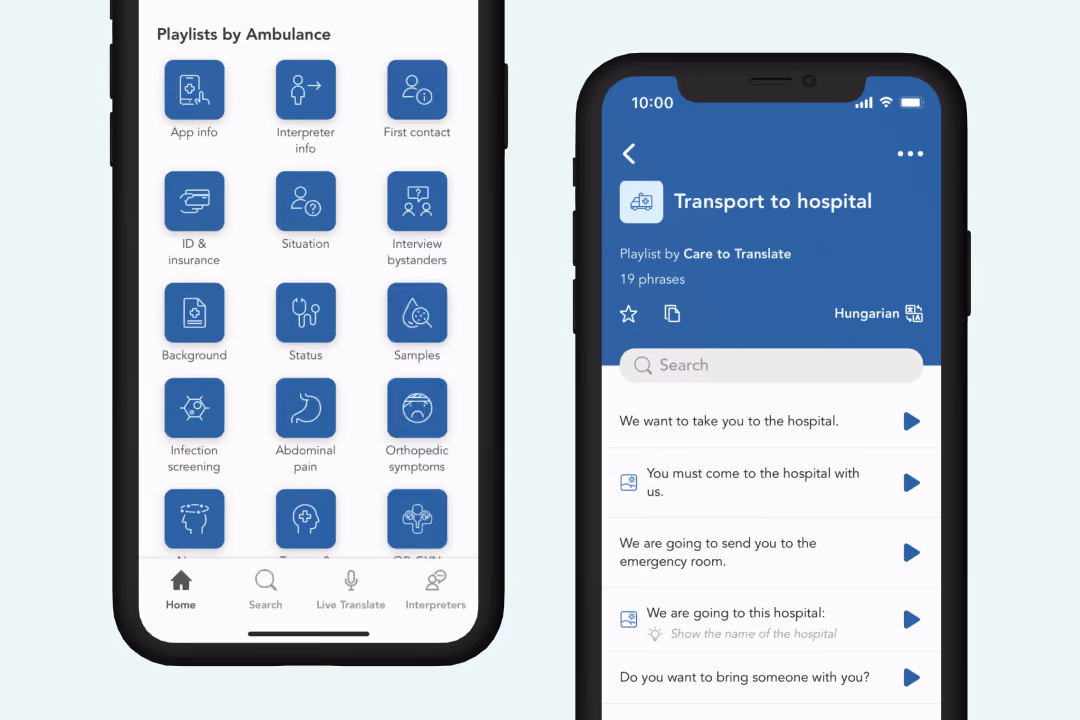Two smartphones display the medical translation app Care to Translate's interface.