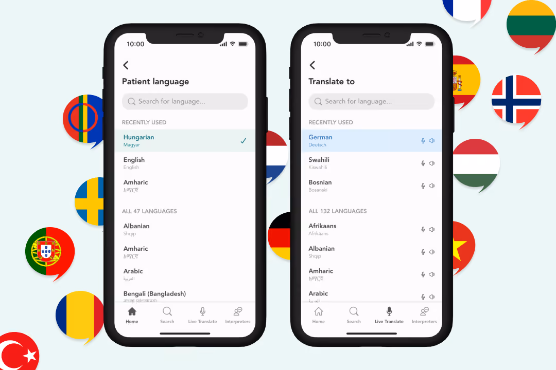 Two smartphone screens displaying language selection menus in the Care to Translate app.