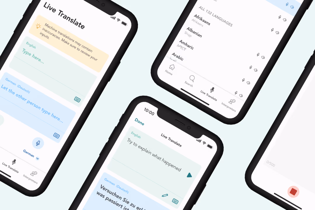 Four smartphone screens showing different stages of the real-time translation feature in the Care to Translate translation app.